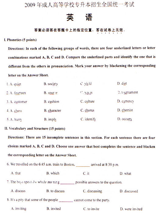 2009成人高考专升本《英语》真题及答案(图1)